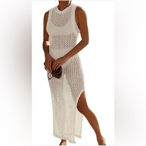 NWOT Bsubseach White Crochet Knit Sleeveless Maxi Beach Cover-Up Dress